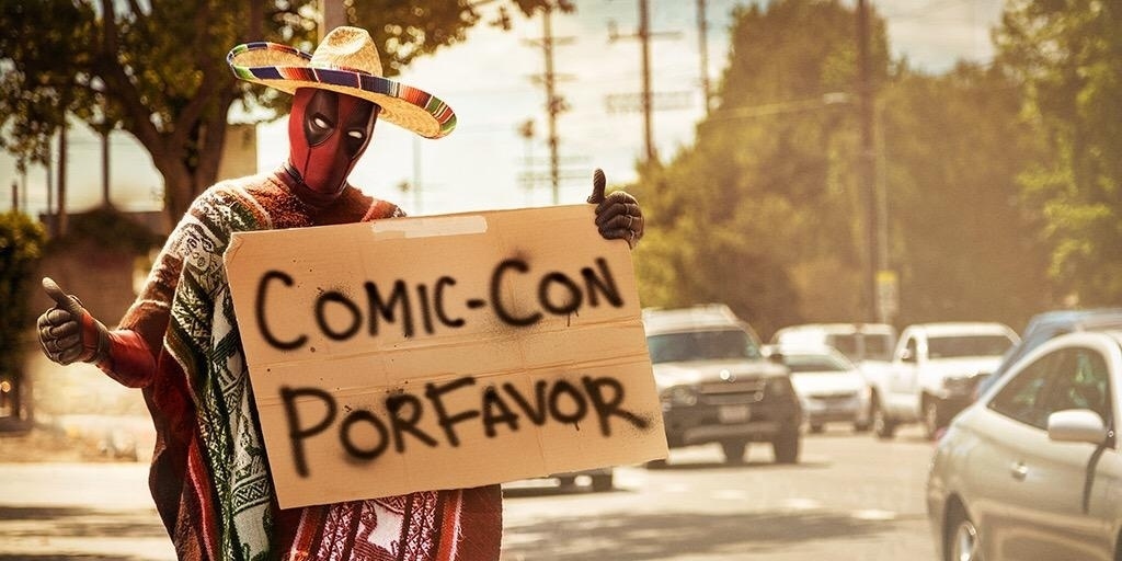 8.jul.2015 - O ator Ryan Reynolds, que interpreta o herói Deadpool no filme que estreia em 2016, divulgou em seu Twitter uma imagem do personagem tentando conseguir uma carona para a Comic-Con, que acontece na cidade de San Diego desta quarta até domingo - Reprodução/Twitter/VancityReynolds