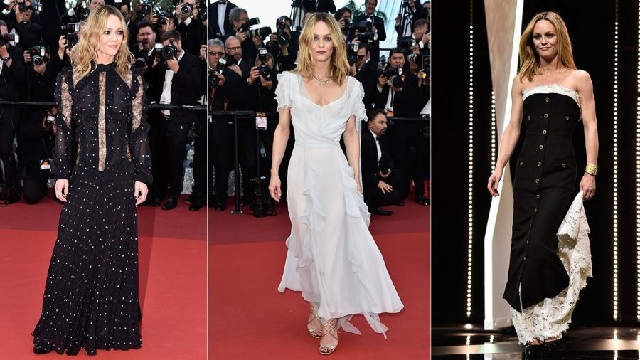 Vanessa Paradis em três momentos: com vestido vitoriano de Elie Saab, longo off-white e modelo da Chanel - Getty Images