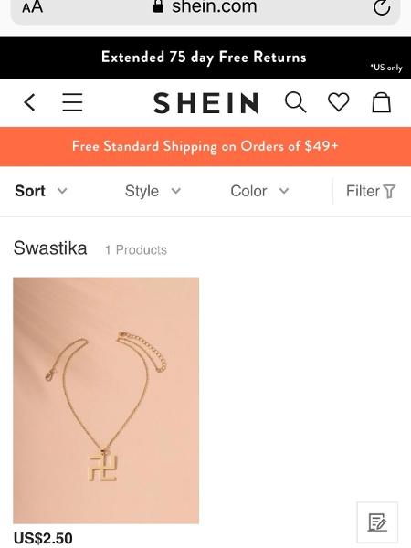 Varejista de moda Shein se desculpa ao criar colar com pingente de suástica - Reprodução/Twitter