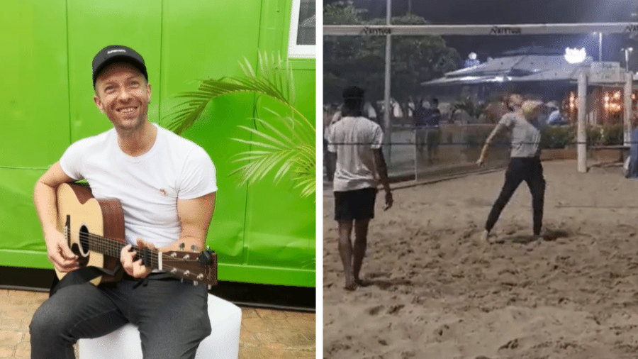 Chris Martin foi visto jogando futevôlei na praia do Leme após os dois do Coldplay no Rio de Janeiro - Reprodução/Instagram e Twitter