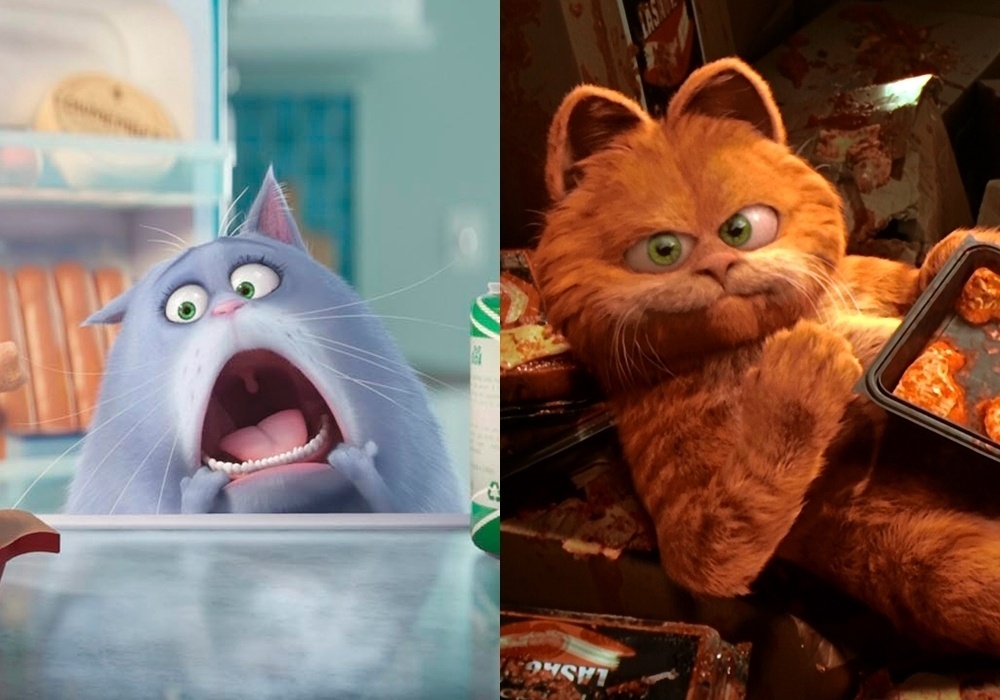 Cenas dos filmes "Pets - A Vida Secreta dos Bichos" (2016) e "Garfield: O Filme" (2004) - Montagem/Reprodução