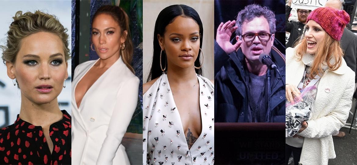 Jennifer Lawrence, Jennifer Lopez, Rihanna, Mark Ruffalo e Jessica Chastain são algumas das estrelas que protestaram contra as medidas tomadas pelo novo presidente, Donald Trump - Vianney Le Caer/Invision/AP, Mark Ralston/AFP, Patrick Kovarik/AFP, Bryan R. Smith/AFP e Theo Wargo/Getty Images/AFP