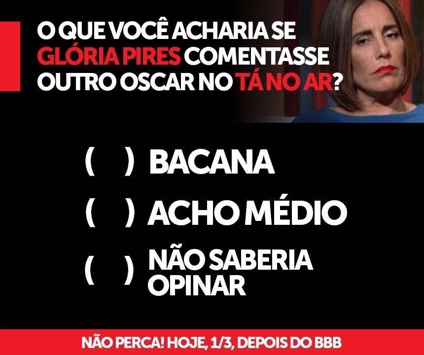 01.mar.2016 - "Tá no Ar" fará piada de Gloria Pires como comentarista do Oscar. Marcelo Adnet divulgou em seu perfil no Twitter o quadro tirando sarro das frases da atriz que viraram memes na internet, como "Não saberia opinar". Georgiana Goes, do elenco do humorístico, respondeu a um seguidor no Instagram que a gravação do quadro foi hoje: "ATENÇÃO!! ATENÇÃO!! Glória Pires vai comentar um outro Oscar hoje no 'Tá no Ar'". - Reprodução/Twitter/MarceloAdnet