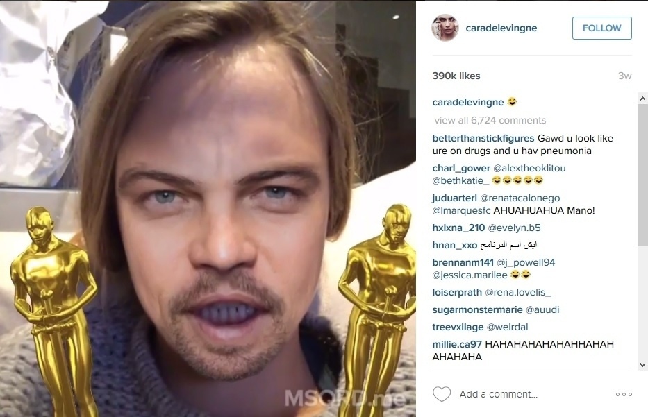 1.mar.2016 - A modelo e atriz Cara Delevigne se empolgou com a chegada do Oscar e virou Leonardo DiCaprio no aplicativo MSQRD - Reprodução/Instagram/caradelevigne