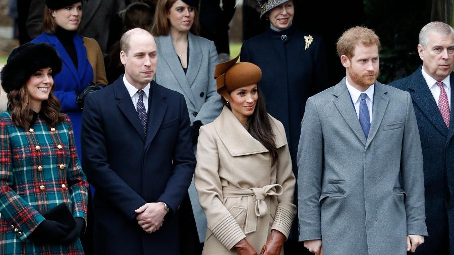 Kate, William, Meghan e Harry na saída da missa de Natal em Sandringham, em 2017 - Getty Images