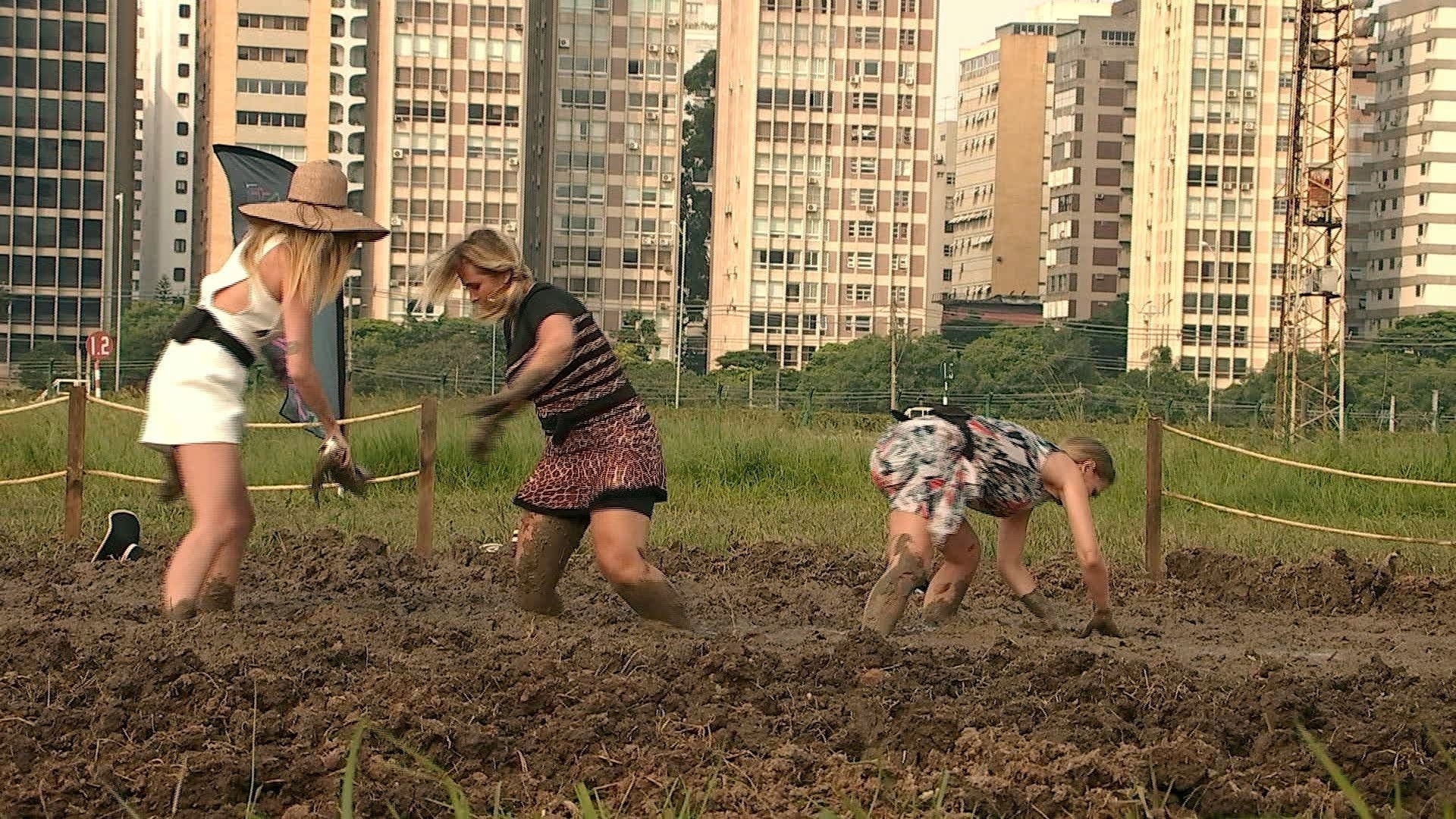 Mulheres do "Power Couple" se jogam em piscina de esterco a fim de buscarem pertences de seus maridos - Divulgação/Record