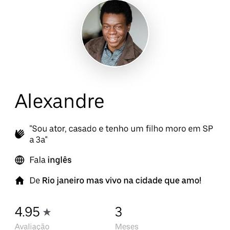 Perfil do ator Alexandre Rodrigues na Uber - Reprodução - Reprodução