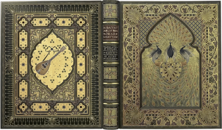 Encadernação luxuosa continha imagens de pavões na capa e de instrumento musical na contracapa - Shepherds, Sangorski & Sutcliffe - Shepherds, Sangorski & Sutcliffe