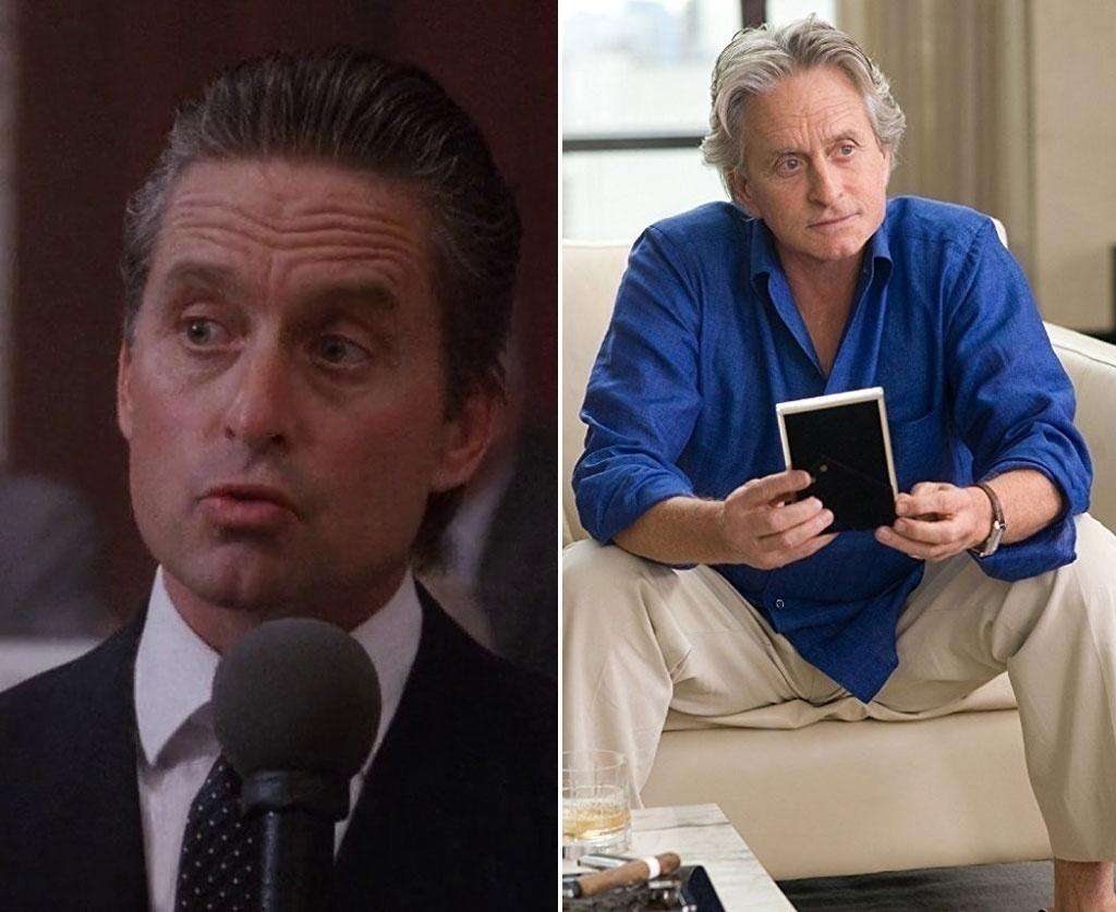 Michael Douglas em cenas de "Wall Street - Poder e Cobiça" (1987) e "Wall Street - O Dinheiro Nunca Dorme" (2010) - Divulgação