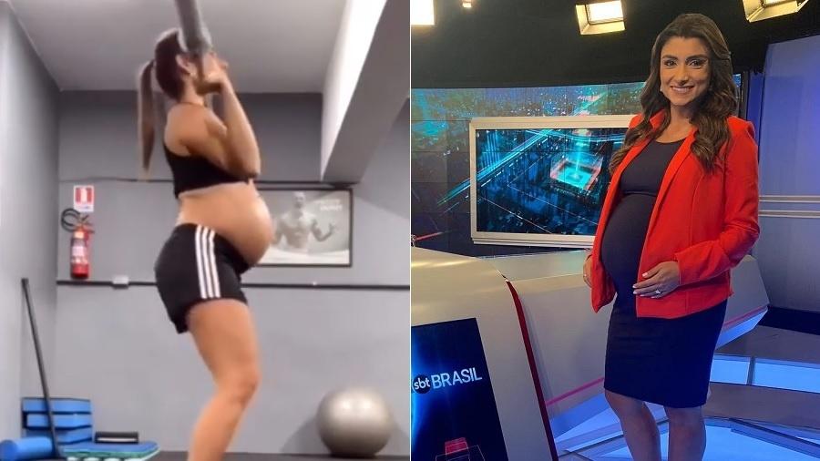 A apresentadora Carolina Aguaidas, grávida, praticando crossfit e posando no estúdio do telejornal "SBT Brasil" - Montagem/Reprodução/Instagram