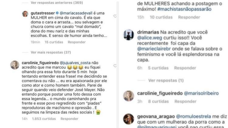 Guta Stresser discorda de Maria Casadevall. Post também foi criticado por Carolinie Figueiredo. Sobrou até para Alice Wegmann e Rômulo Estrela, que curtiram a publicação - Reprodução/Instagram - Reprodução/Instagram