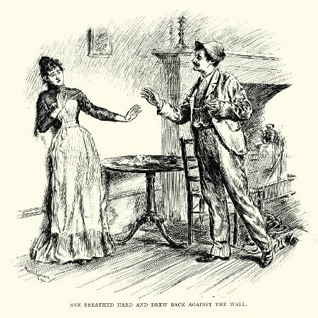 Ilustração de jovem mulher vitoriana tentando fugir de um homem