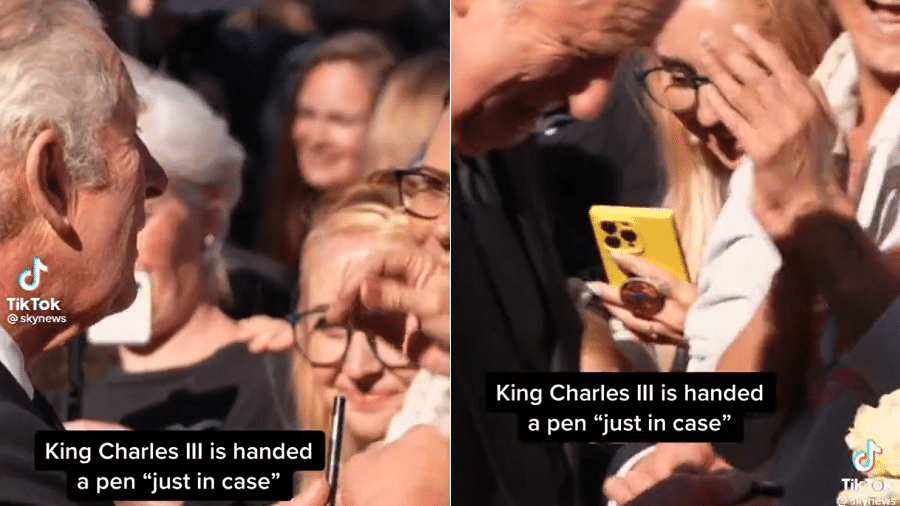 Rei Charles 3º ri ao ganhar caneta de de admiradora após surtos por causar com o objeto - Reprodução/Twitter