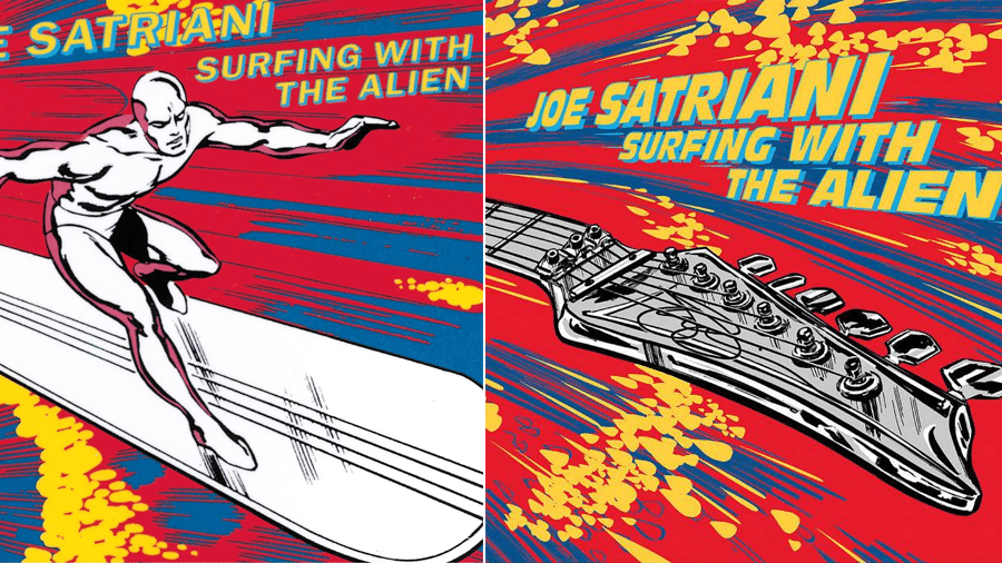 A capa original do disco Surfing With The Alien, com o Surfista Prateado, e a atual, com a guitarra - Divulgação