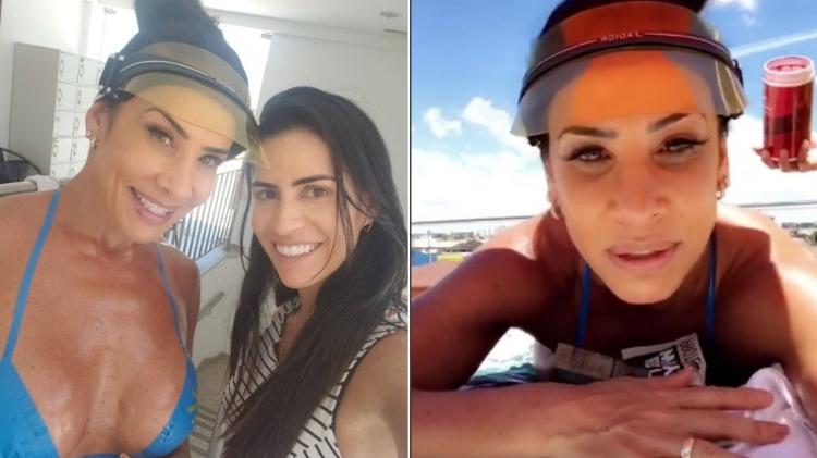 Scheila Carvalho já com o biquíni de fita adesiva, ao lado da profissional que acompanhou seu bronzeamento, e depois tomando sol - Reprodução/Instagram - Reprodução/Instagram