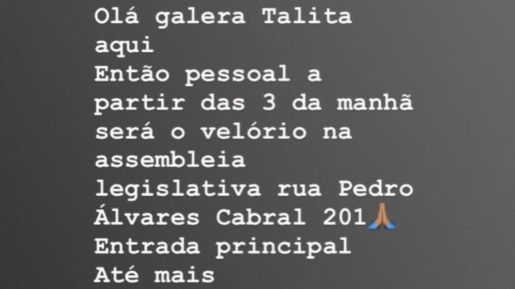 Filha anuncia velório de Deise Cipriano na Assembleia Legislativa do Estado de São Paulo - Reprodução/Instagram - Reprodução/Instagram