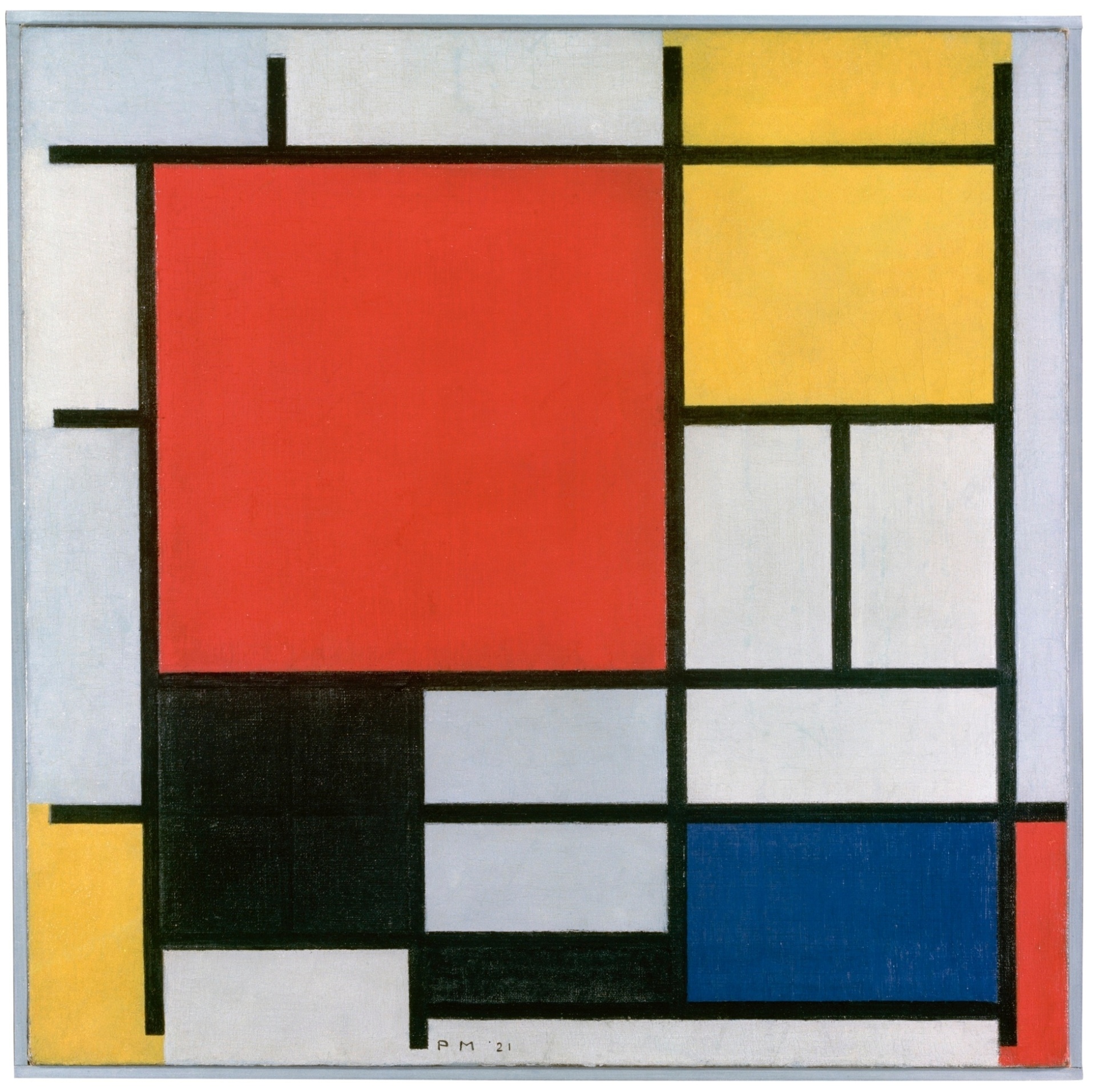 Piet Mondrian, Composição com grande plano vermelho, amarelo, preto, cinza e azul (1921) - Gemeentemuseum, Den Haag, Holanda