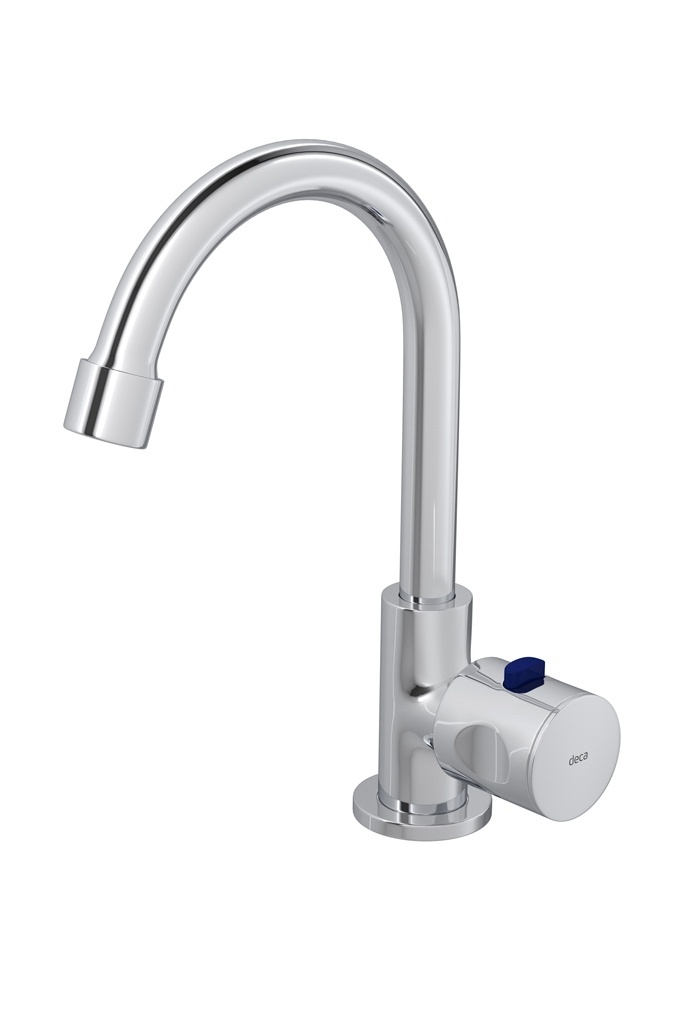 A torneira Aspen Duo, lançamento da Deca (www.deca.com.br), serve para cozinhas ou banheiros, tem bica móvel e conta com dois ciclos de abertura: com 1/8 de volta, garantindo vazão confortável e economia; ou 1/4 de volta, liberado pelo acionamento do botão azul, para demandas de um volume maior de água - Divulgação