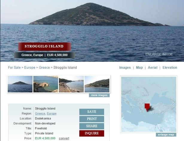 Anúncio de venda da ilha Stroggilo, no mar Egeu
