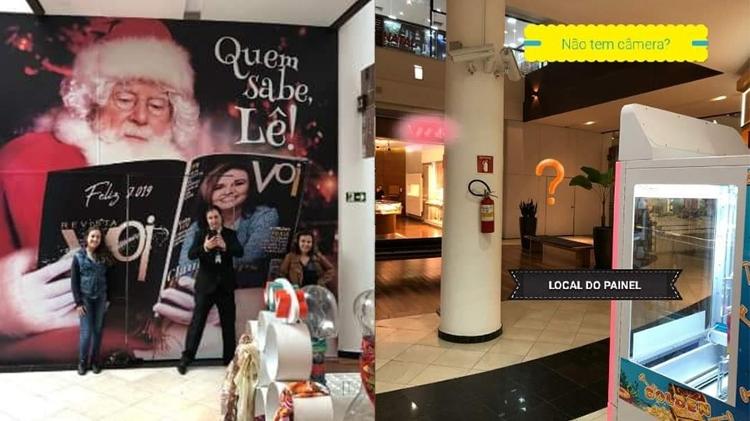 Claudia Rodrigues em frente ao painel onde foi impedida de tirar foto e, na imagem ao lado, mostra que existem câmeras no local - Reprodução/Facebook - Reprodução/Facebook