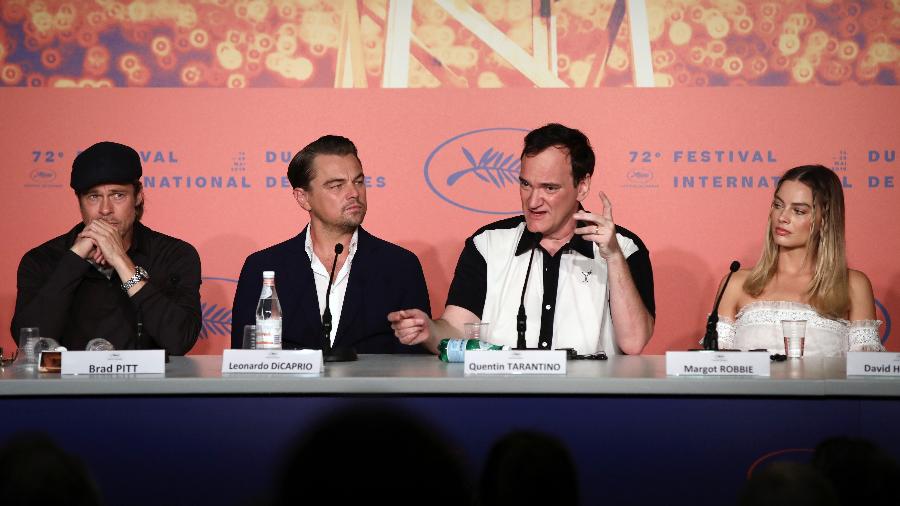 Brad Pitt, Leonardo DiCaprio, Quentin Tarantino e Margot Robbie na coletiva de "Era uma vez em Hollywood" - John Phillips/Getty Images