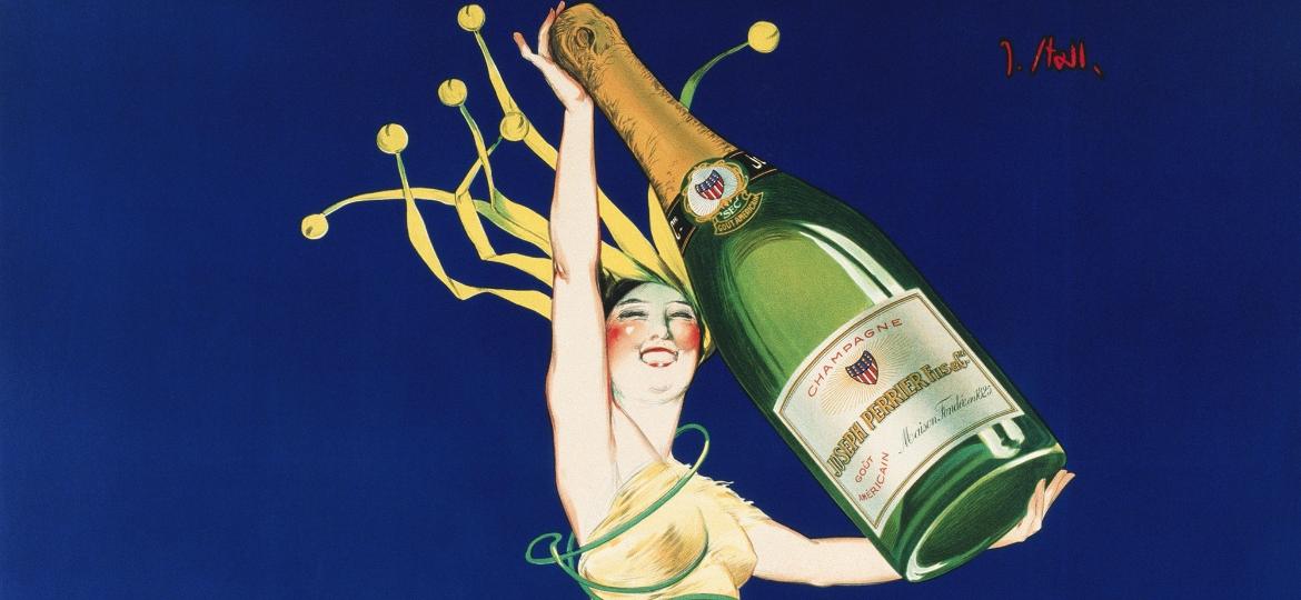 Anúncio antigo do champanhe Joseph Perrier, por Colette Stall: a bebida das festas - Corbis via Getty Images
