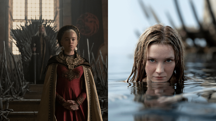 Rhaenyra Targaryen (Milly Alcock), de "A Casa do Dragão" e Galadriel (Morfydd Clark), de "O Senhor dos Anéis: Os Anéis de Poder - HBO/Prime Video/Divulgação