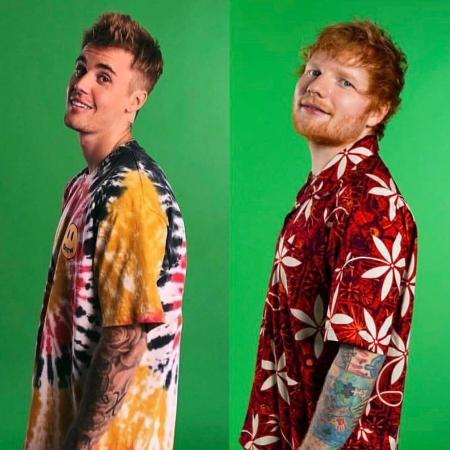 Justin Bieber e Ed Sheeran posam na frente de tela verde - Reprodução/Twitter