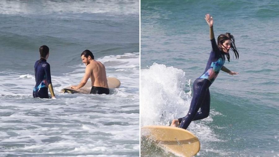 Camila Queiroz em aula de surfe com Klebber Toledo - Reprodução/Instagram