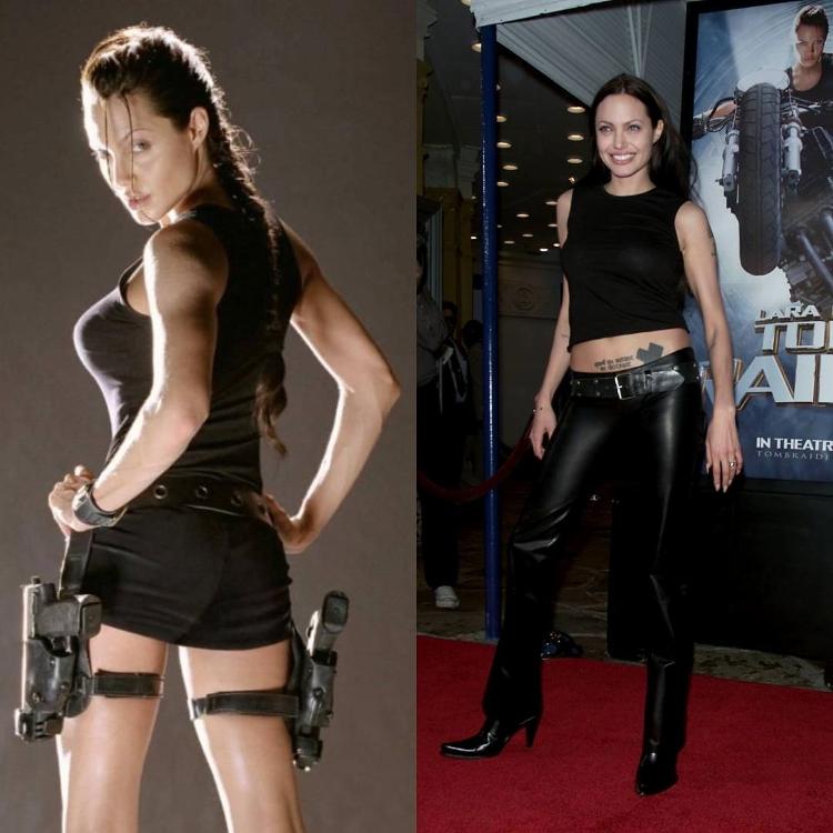 A atriz norte-americana Angelina Jolie no filme "Lara Croft: Tomb Raider", inspirado no videogame de mesmo nome (esquerda) e na première do filme em 2001 (direita) - Reprodução/Divulgação - Reprodução/Divulgação