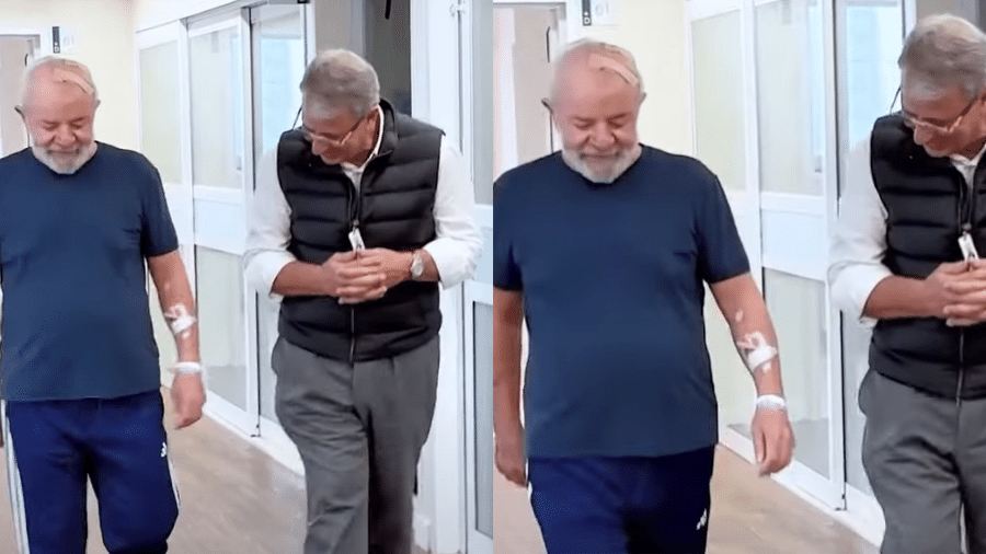 Lula postou vídeo caminhando ao lado do neurocirurgião Marcos Stavale; é possível ver curativo no topo esquerdo da cabeça - Reprodução/Instagram/@lulaoficial