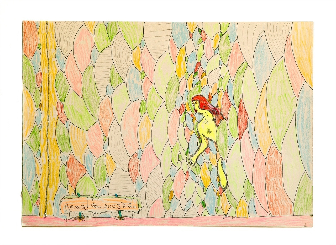 A exposição individual "Transmigração", de Arnaldo Dias Baptista, apresenta desenhos, pinturas, colagens e objetos pessoais como cadernos, jaquetas, camisetas e cartões-postais - Divulgação