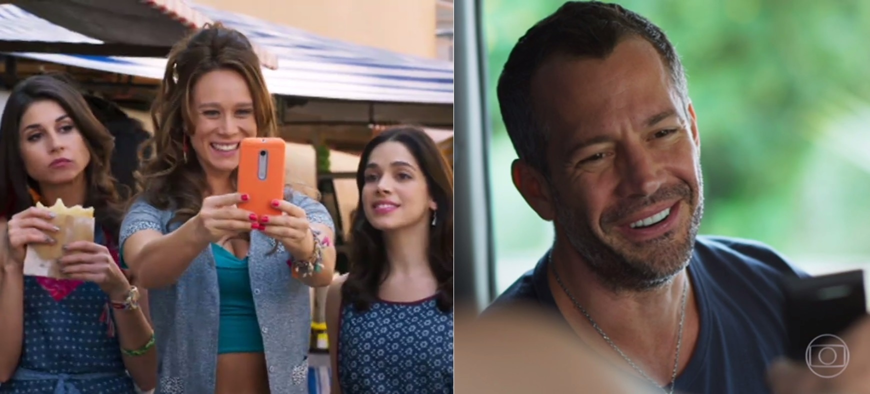 Apolo (Malvino Salvador) conversa com Tancinha (Mariana Ximenes) pelo celular e pede a namorada em casamento na estreia de "Haja Coração" - Montagem/Reprodução/TV Globo