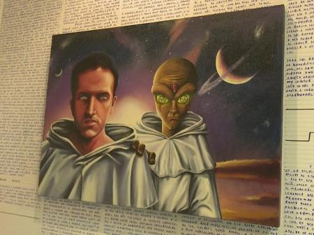 Reprodução do quadro encontrado no quarto de Bruno, no Acre, com um alien ao seu lado - Reprodução/TV Globo