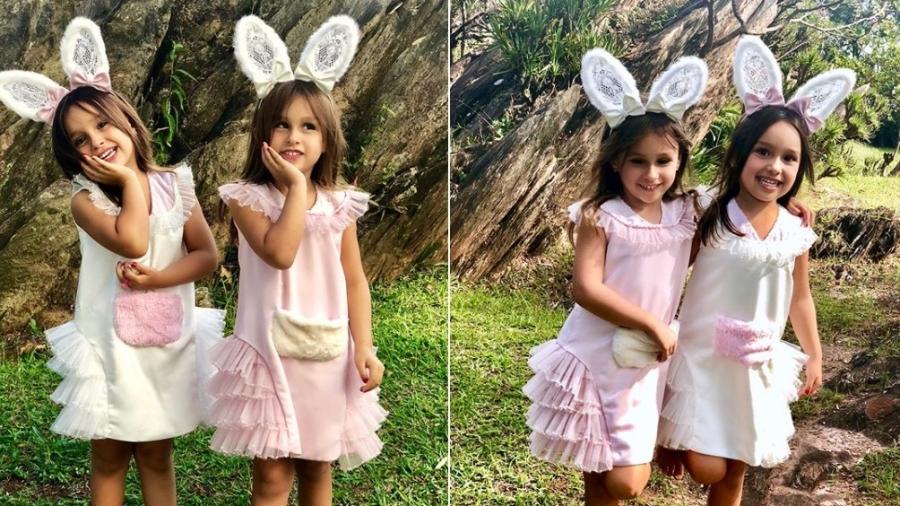 Vestidas de coelhinhas, Maya e Kiara, gêmeas de Natália Guimarães e Leandro Scornavacca, posam para fotos - Reprodução/Instagram