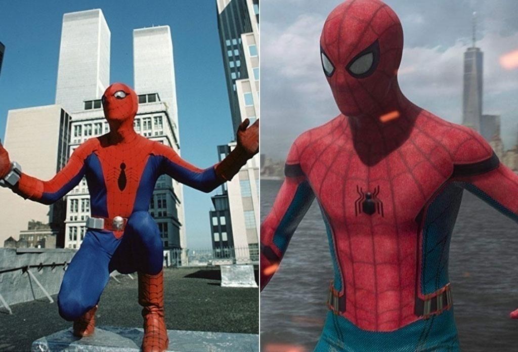 À esquerda, Nicholas Hammond em "Homem-Aranha: O Filme" (1977). À direita, Tom Holland em "Homem-Aranha: De Volta ao Lar" (2017) - Divulgação