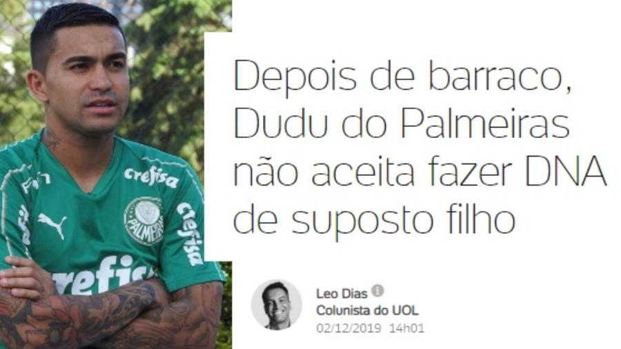 Manchete de notícia sobre vida pessoal de Dudu - Reprodução
