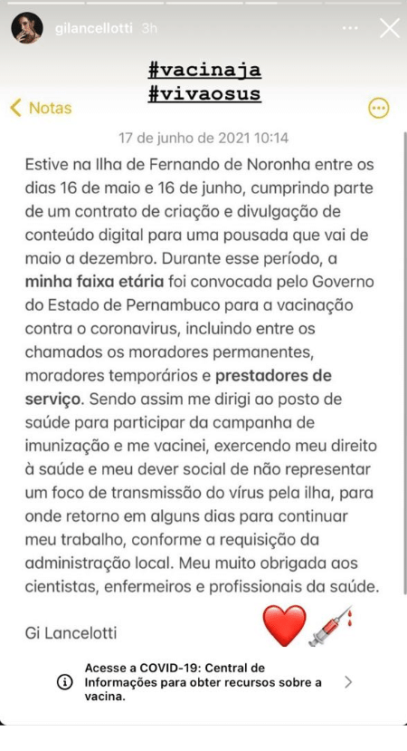 Giovanna Lancellotti tomou vacina em Noronha como 'prestadora de serviço' - Reprodução/Instagram - Reprodução/Instagram