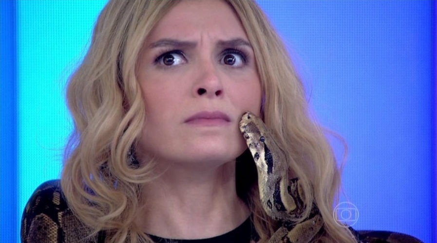 8.jul.2015 - Monica Iozzi usa uma cobra durante o "Vídeo Show"