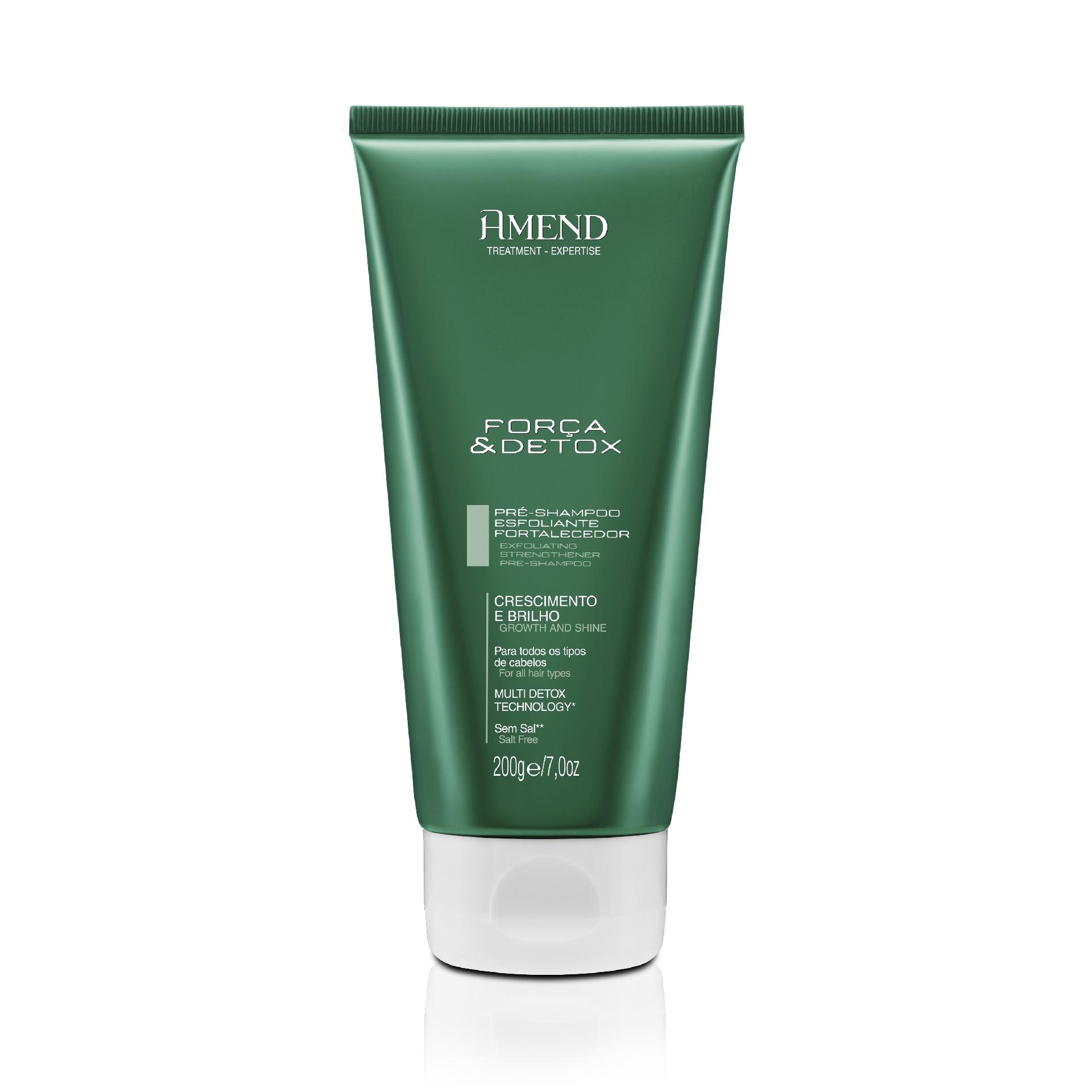 Pré-xampu Força & Detox Amend: Produto com foco no tratamento do couro cabeludo e estímulo do crescimento dos fios através do equilíbrio do pH e remoção da oleosidade. R$28,20 - www.amend.com.br - Divulgação