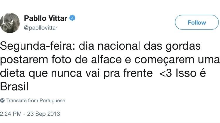 Tweet de 2013 de Pabllo Vittar sobre gordas foi recuperado por seguidores - Reprodução/Twitter - Reprodução/Twitter