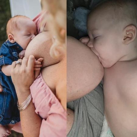  Nikki mostra a primeira amamentação do filho, à esquerda, e quando voltou a dar de mamar, seis meses depois, à direita - Reprodução/Facebook