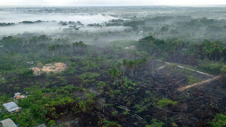 Vista aérea de terras à venda após serem afetadas por incêndios florestais na área nobre de Breves, na região amazônica do arquipélago do Marajó, no Pará