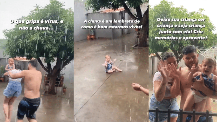 "O que gripa é vírus, e não a chuva", escreveram os pais na descrição do vídeo. Entenda o que causa resfriados e como é o contágio - Reprodução/Twitter