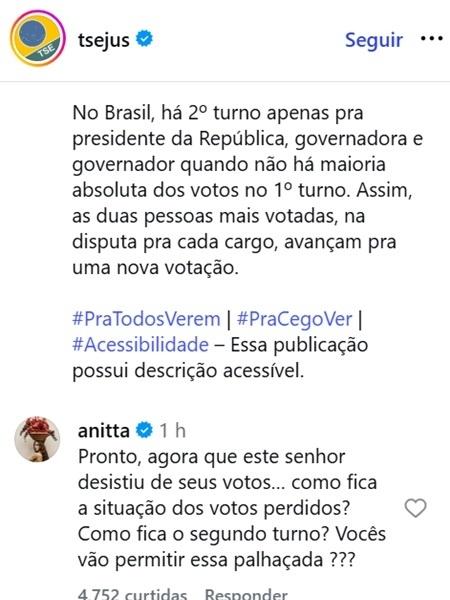 Anitta critica chance de não haver segundo turno para governador no RJ