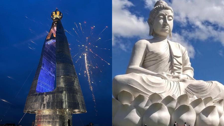 Estátua de Nossa Senhora Aparecida, em Aparecida (SP); Buda Gigante, em Ibiraçu (ES)