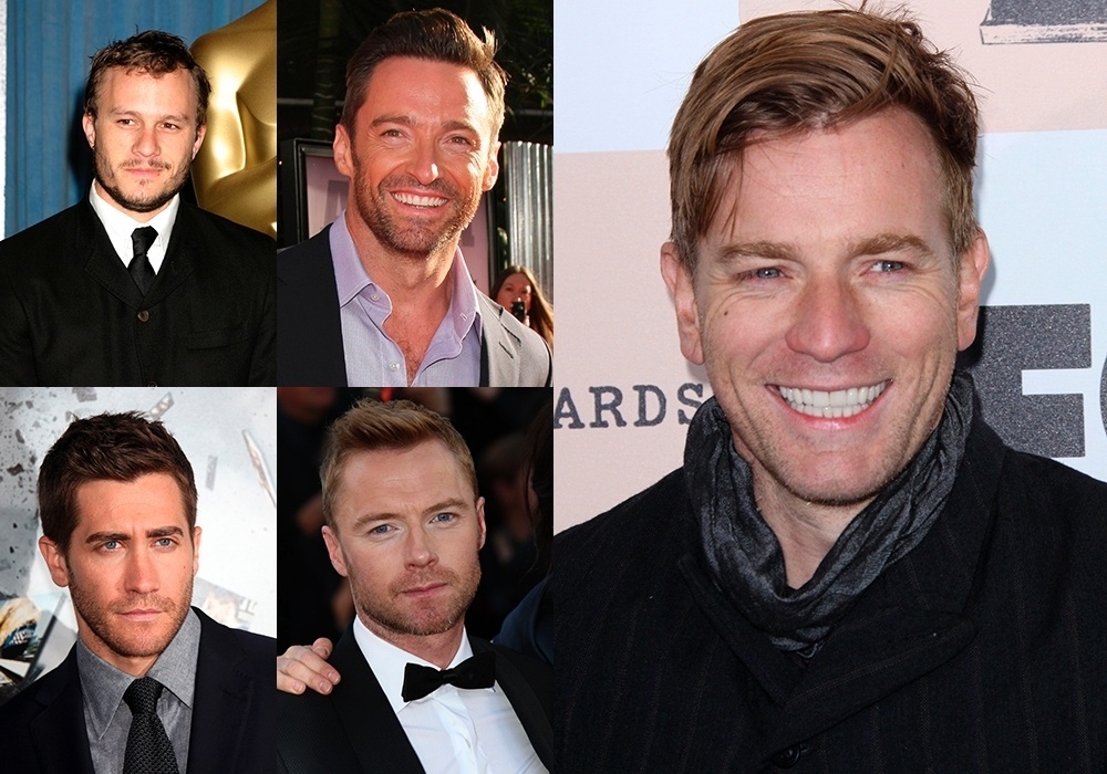 Montagem com Heath Ledger, Hugh Jackman, Jake Gyllenhaal e Ronan Keating - Helga Steb/Dfree/carrie-nelson/Tinseltown/Shutterstock.com