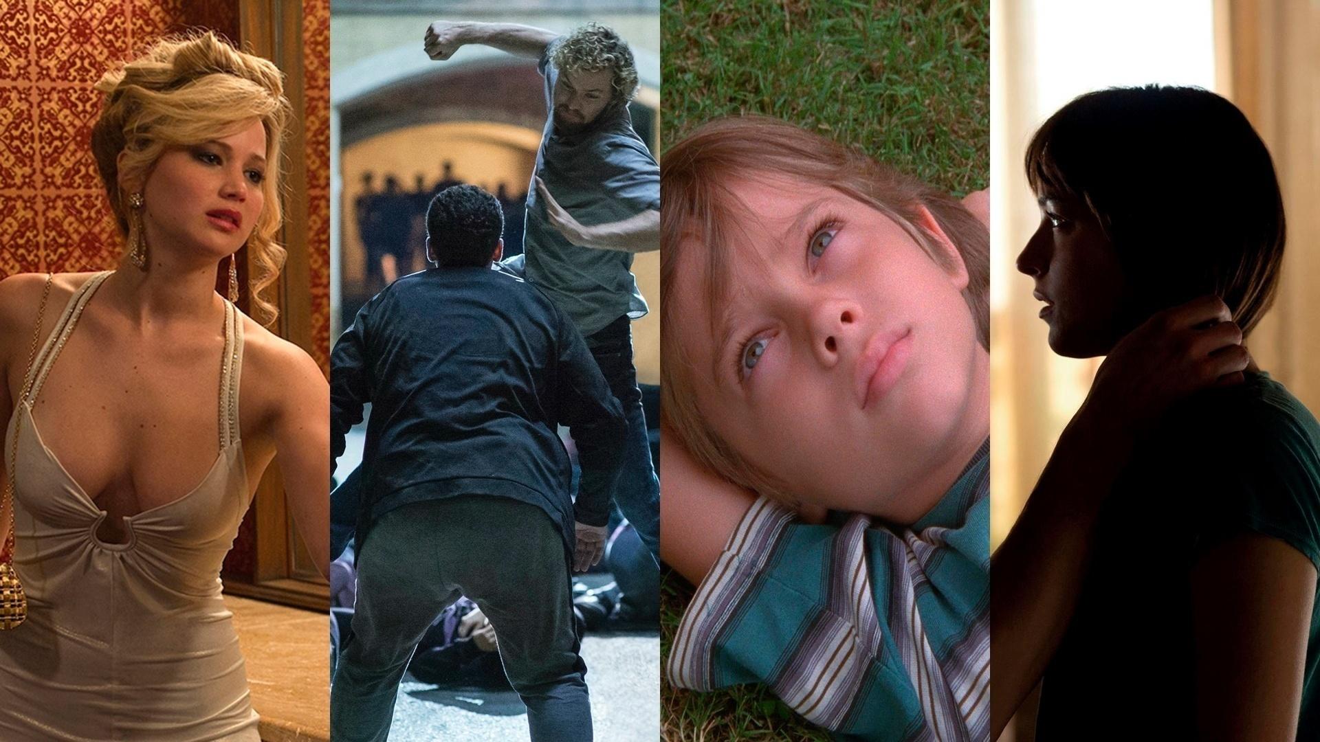Cenas de "Trapaça" (2013), de David O. Russell, "Punho de Ferro", "Boyhood: Da Infância à Juventude" (2014), de Richard Linklater e "Cinquenta Tons de Cinza" (2015), de Sam Taylor-Johnson - Reprodução/Montagem
