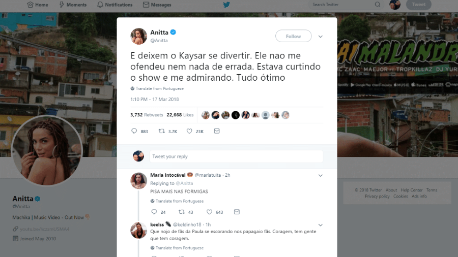 Anitta defende Kaysar no Twitter - Reprodução/Twitter