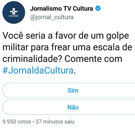 "Jornal da Cultura" apagou no Twitter enquete sobre "golpe militar" - Reprodução/Twitter - Reprodução/Twitter